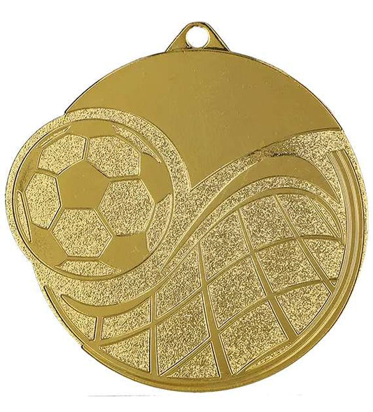 Eine goldfarbene Fußballmedaille mit Fußballdesign und Netzmuster. Dieses exquisite Stück von Anbieter A ist perfekt für jedes Sportereignis. Mit 60 mm Durchmesser stechen diese Medaillen Reutlingen 60 mm MMC6065 durch ihre elegante Handwerkskunst und Detailliertheit hervor.