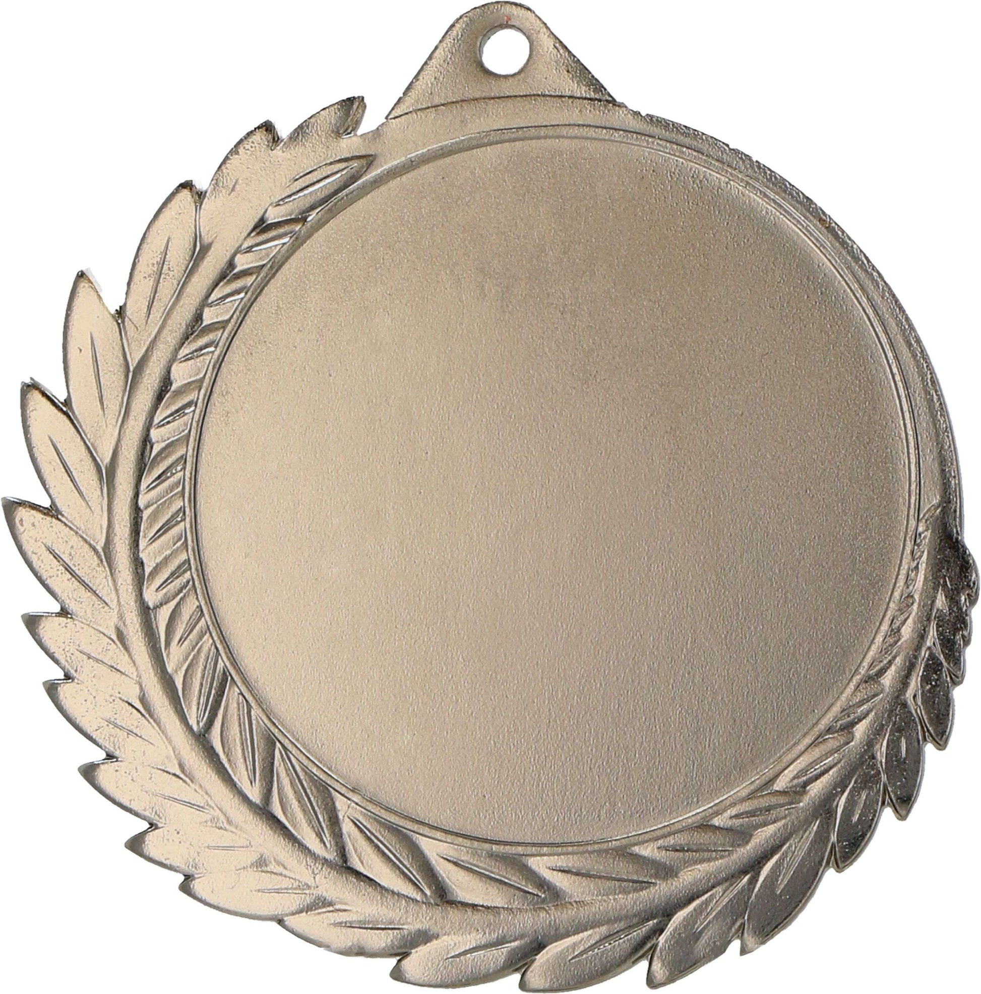 Eine schlichte, runde, goldfarbene Medaille mit einem erhabenen Lorbeerkranz-Design um den Rand, einem Loch oben zum Aufhängen und im unverwechselbaren MMC7010-Design gefertigt. Dieses Medaillen Mülheim 70 mm MMC7010 von Anbieter A hat einen Durchmesser von 70 mm.