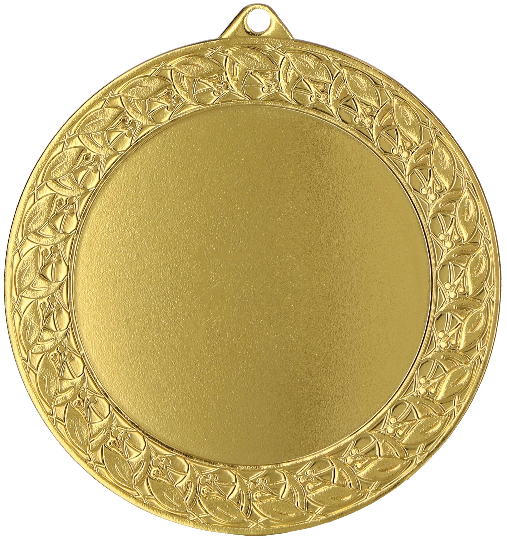 Eine runde Goldmedaille mit einem verzierten Blattrand und einer kleinen Öse oben zum Aufhängen. Die Mitte der Medaille ist blank und glatt und zeigt Anbieter A's Engagement für detaillierte Designs.