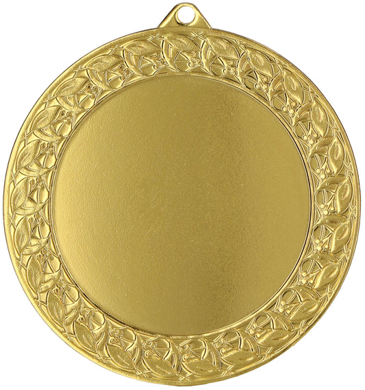 Eine runde Goldmedaille mit einem verzierten Blattrand und einer kleinen Öse oben zum Aufhängen. Die Mitte der Medaille ist blank und glatt und zeigt Anbieter A's Engagement für detaillierte Designs.