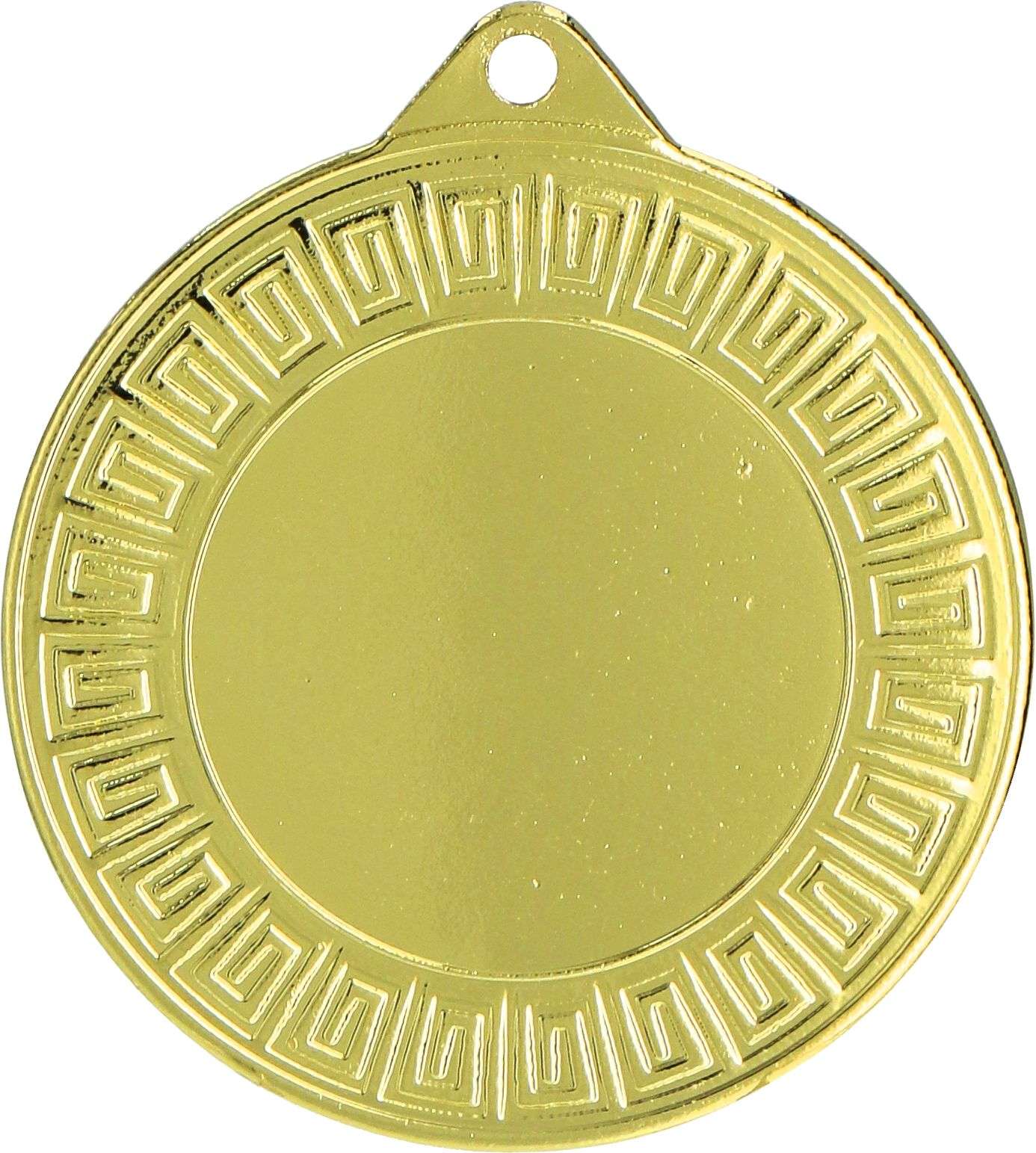 Eine Goldmedaille mit einer leeren Mitte, umgeben von einem griechischen Schlüsselmuster am Rand, perfekt für Schulwettbewerbe und Sportveranstaltungen. Ein schönes Beispiel für die Handwerkskunst von Anbieter A's Medaillen Dresden 40mm MMC7140.