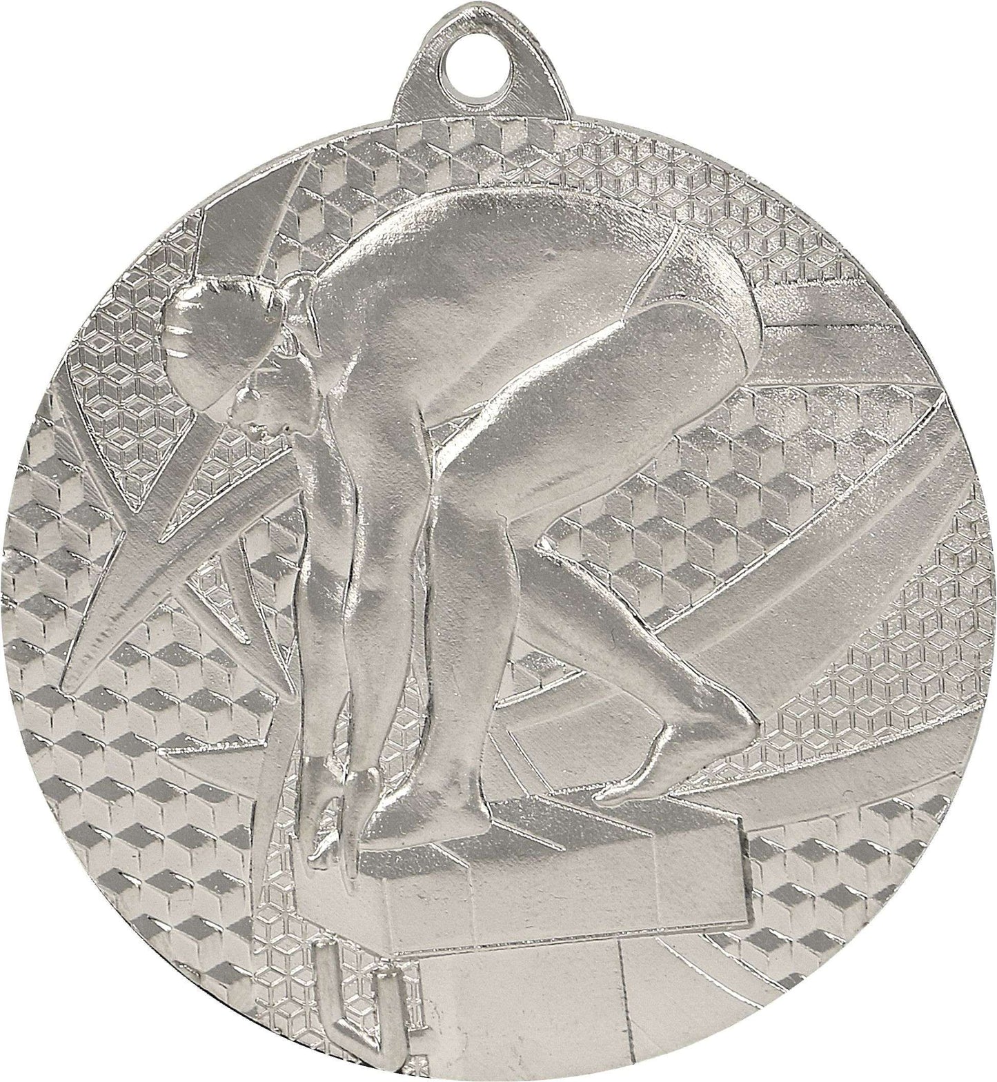 Silbermedaille mit der Gravur eines Schwimmers in Startposition auf strukturiertem Hintergrund, perfekt für Schwimmwettkämpfe und macht als hochwertige Medaille garantiert Eindruck. Wir präsentieren die Medaillen Hagen 50 mm MMC7450 von Anbieter A.