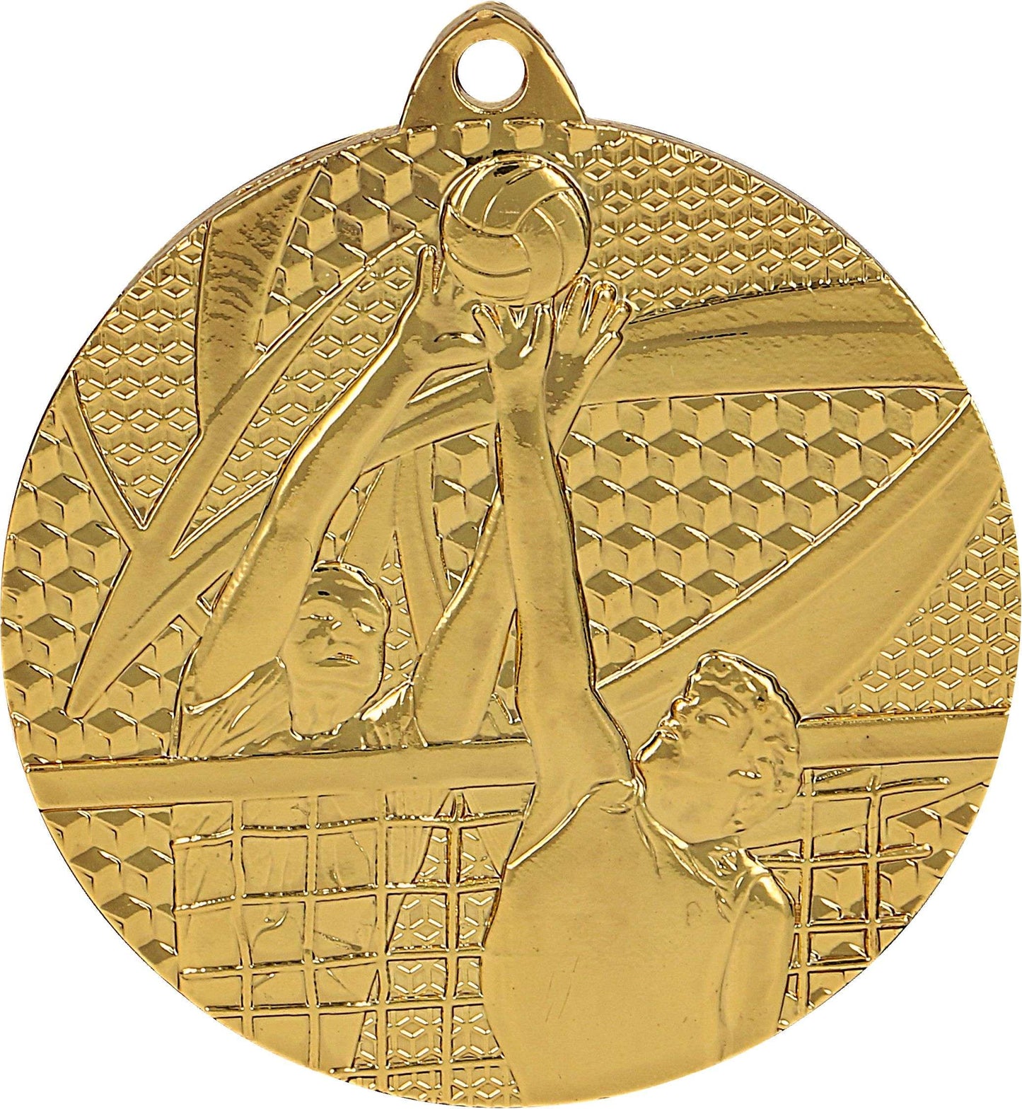 Eine goldene Medaillen Aachen 50 mm MMC7650 von Anbieter A mit einem geprägten Design von zwei Volleyballspielern, die nach einem Ball am Netz greifen und so Teamgeist symbolisieren.