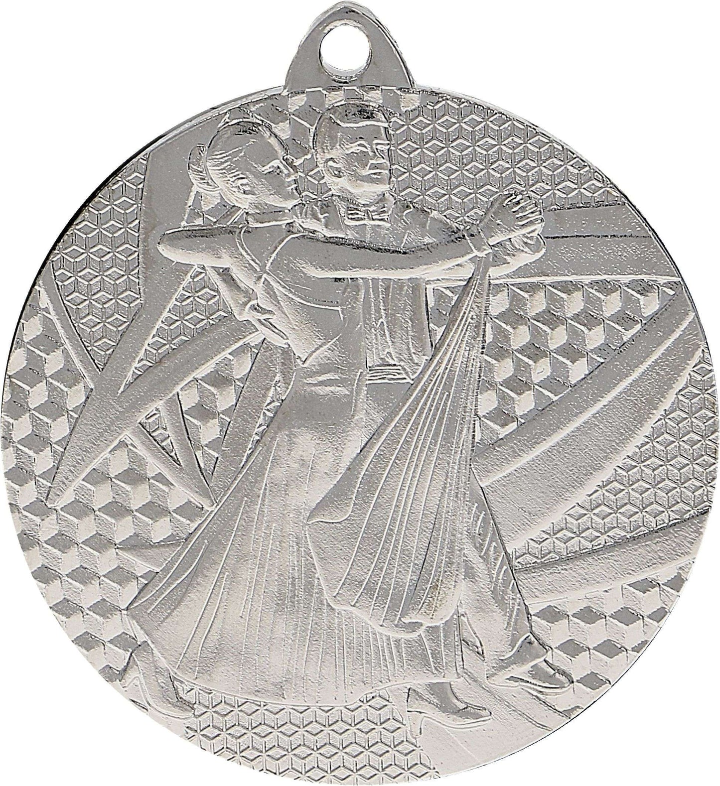 Silberne Tanzmedaille mit dem geprägten Bild eines Paares beim Gesellschaftstanz. Der Hintergrund zeigt ein geometrisches Muster mit geschwungenen Linien und Sechsecken, das die Eleganz der Kunstfertigkeit von Anbieter A Medaillen Essen 50 mm MMC7850 perfekt einfängt.