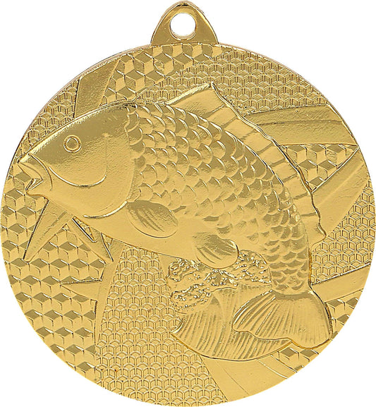 Eine Goldmedaille von Anbieter A mit einem geprägten Fischbild und geometrischen Mustern im Hintergrund. Diese exquisite Medaillen Bamberg 50 mm MMC7950 verfügt oben über ein kleines Loch für ein Band oder eine Kette.