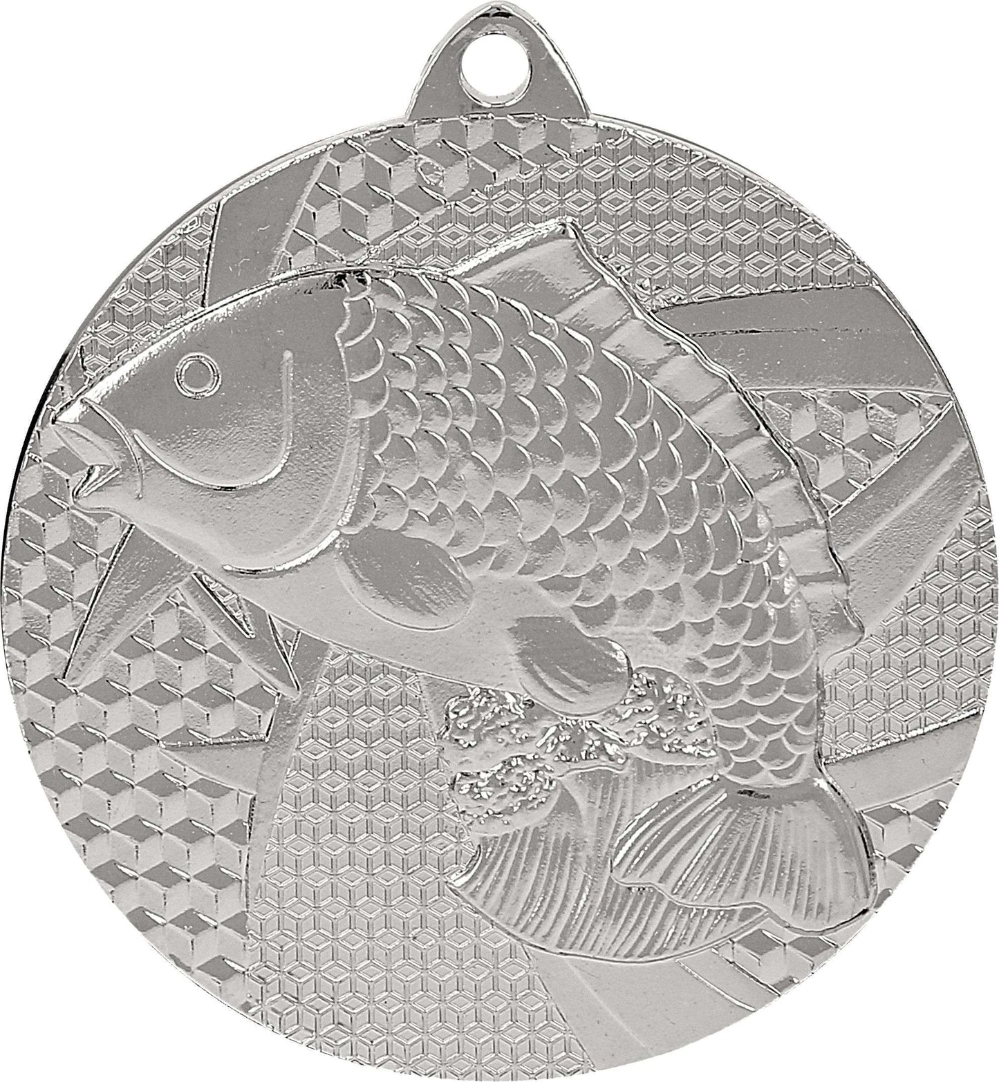 Silbermedaille mit geprägtem Fischdesign, geometrisch gemustertem Hintergrund und einer kleinen Schlaufe zum Befestigen eines Bandes – perfekt zum Feiern eines unvergesslichen Angelerlebnisses oder als exquisite Auszeichnung. Wir präsentieren die Medaillen Bamberg 50 mm MMC7950 von Anbieter A.