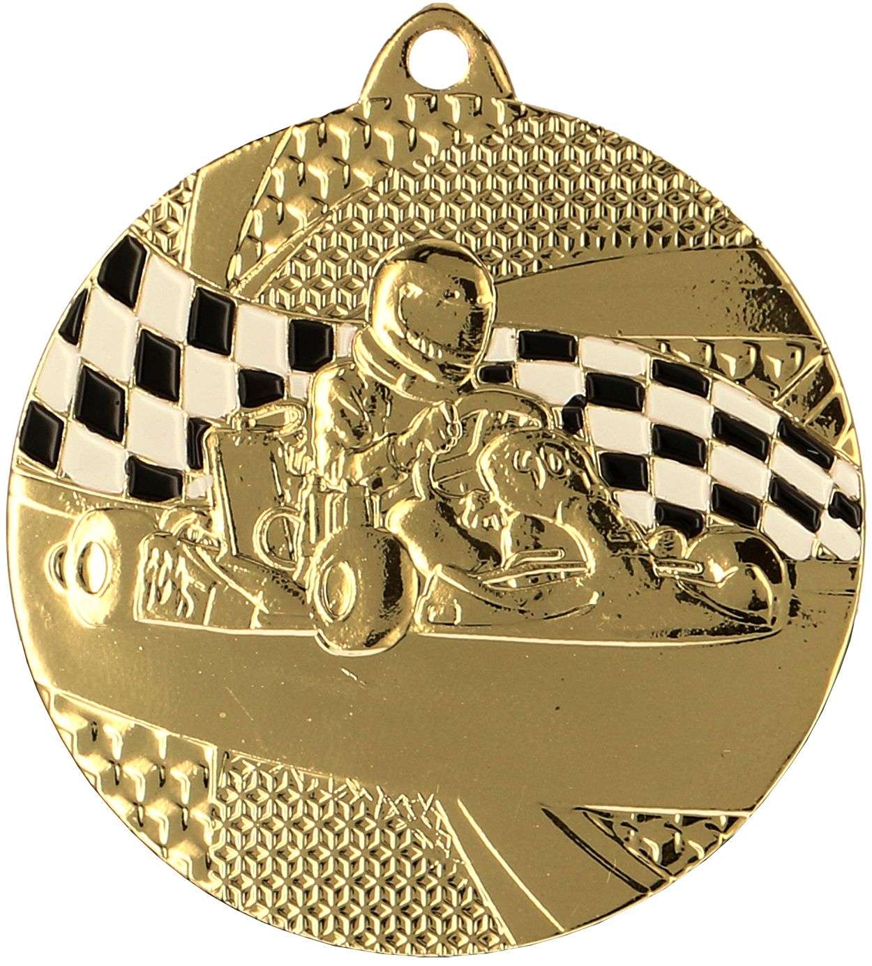 Goldmedaillon mit dem eingravierten Bild eines Go-Kart-Fahrers vor dem Hintergrund einer Zielflagge, perfekt für jeden Motorsport-Enthusiasten oder als Preis bei einem spannenden Kartrennen: Medaillen Wolfsburg 50 mm MMC8350 von Anbieter A.