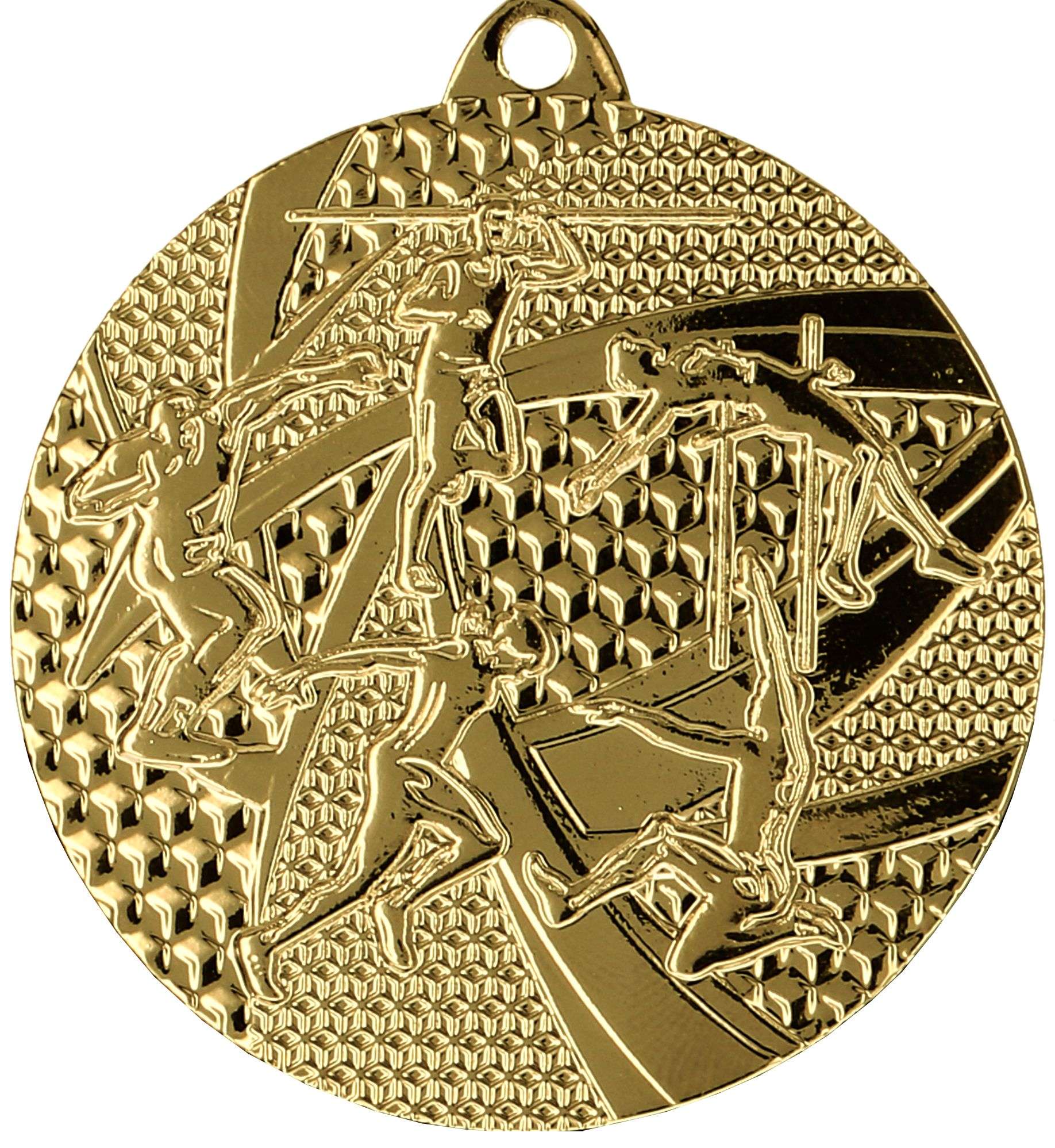 Eine runde Goldmedaille mit einem geprägten Design von Athleten, die verschiedene Sportarten ausüben, darunter Laufen, Schwimmen und Springen. Diese Medaillen Recklinghausen 50 mm MMC8450 von Anbieter A werden oft bei prestigeträchtigen Veranstaltungen wie den Medaillen Recklinghausen verliehen.