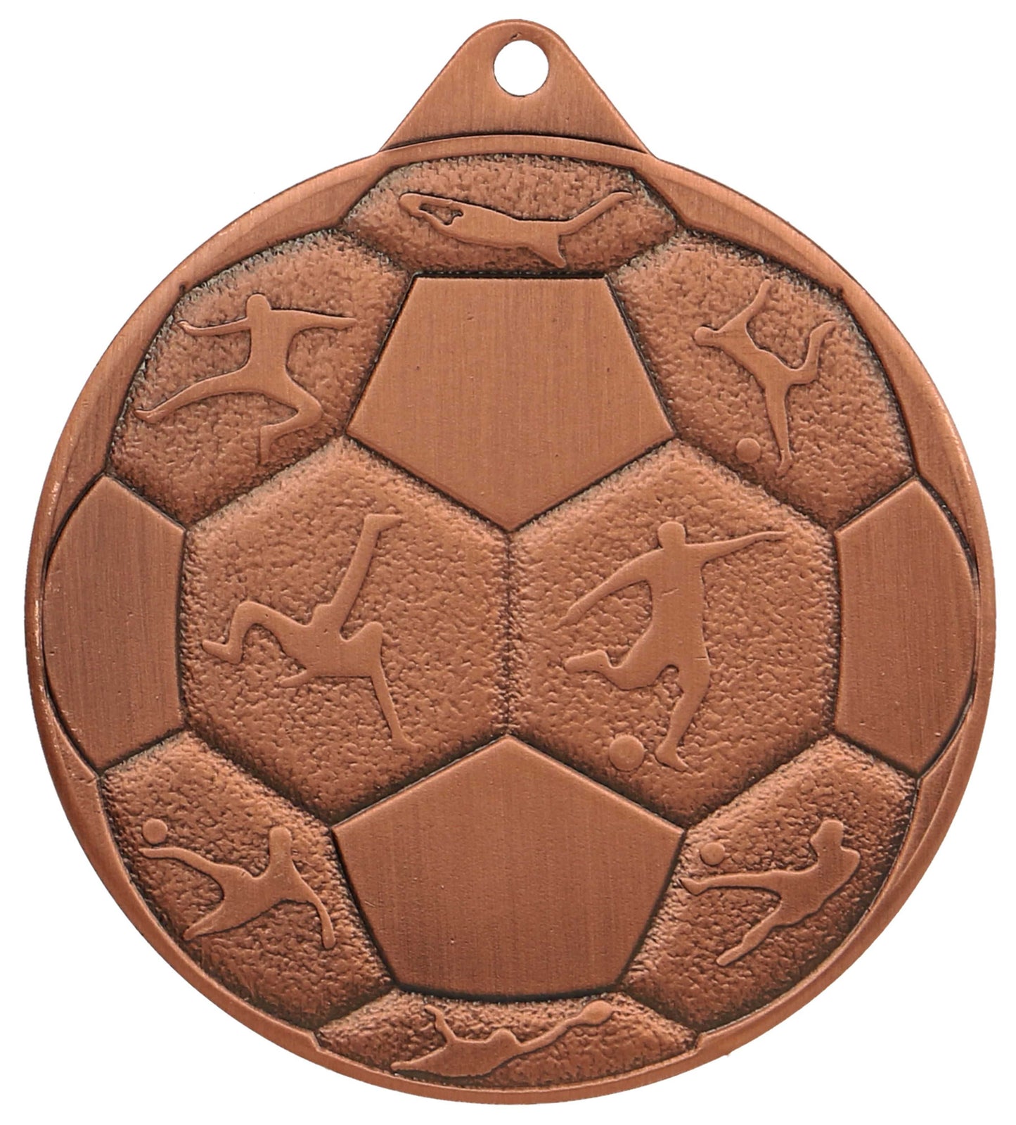 Eine bronzene Medaillen Jena 50 mm MMC8850 von Anbieter A mit einem Fußballdesign und geprägten Silhouetten von Fußballspielern in verschiedenen Actionposen.