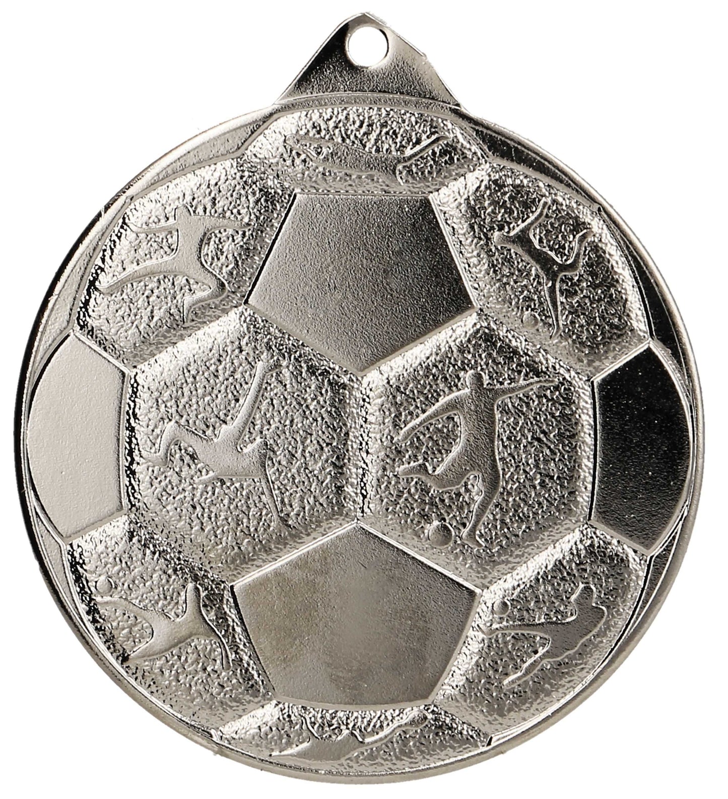 Eine silberne Medaille in Form eines Fußballs mit Spielergravuren auf jedem Segment, perfekt für Fußball-Auszeichnungen, Medaillen Jena 50 mm MMC8850 von Anbieter A.