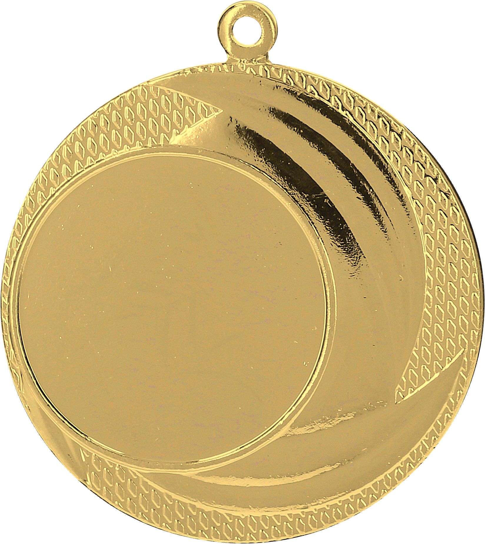 Eine runde Goldmedaille mit gemustertem Rand und einer kleinen Schlaufe oben zum Befestigen an einem Band. Die Mitte ist schlicht und glatt, perfekt zum Feiern von Siegen bei Sportwettkämpfen in Hannover. Die **Medaillen Hannover 40mm MMC9040** von **Anbieter A** wird all Ihren Ansprüchen gerecht.